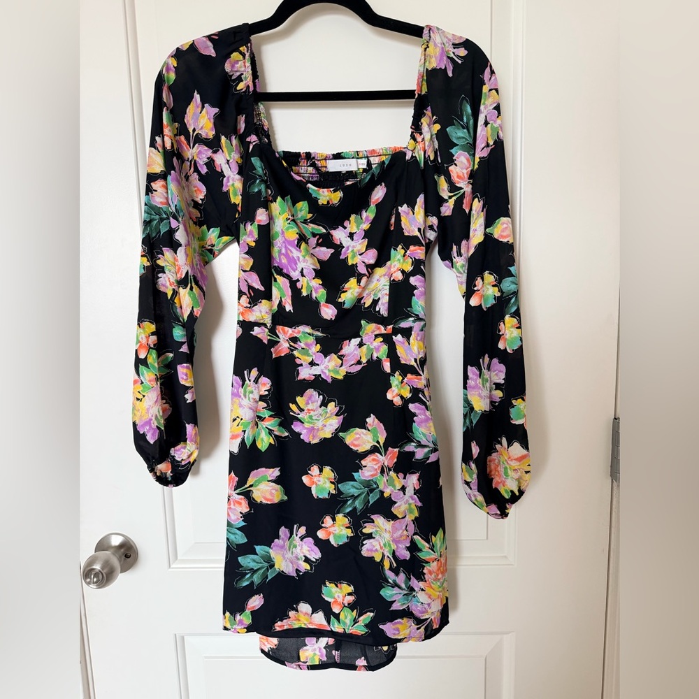 Lush Black Floral Long-Sleeve Mini Dress